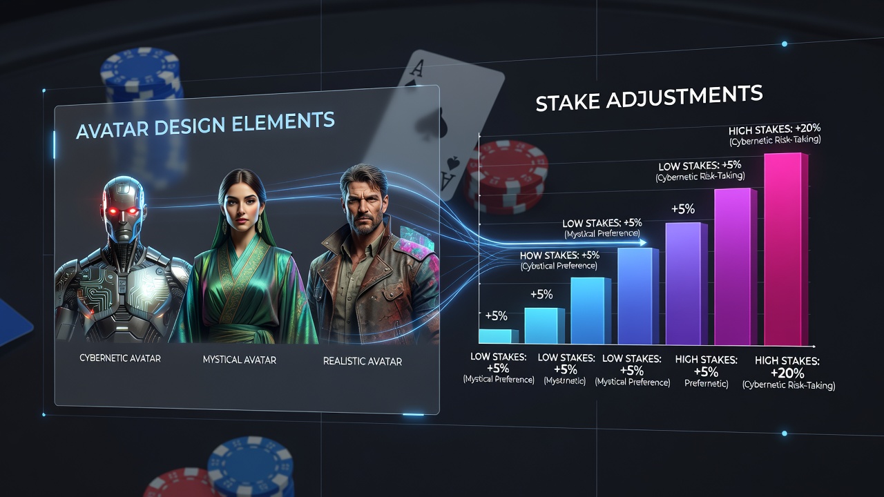 Visual representation of various poker avatars with different design elements including colors, accessories and expressions in a virtual table setting