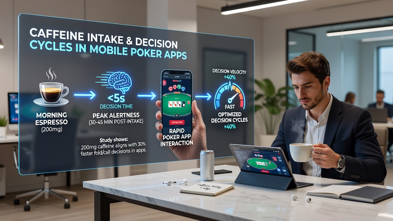 Close-up of smartphone displaying poker table interface next to a cup of coffee on wooden surface
