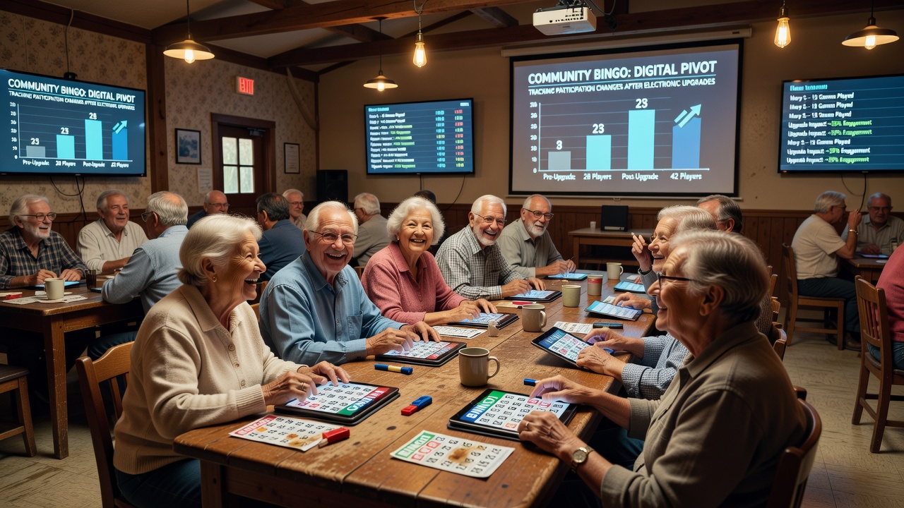 Rural community bingo hall with electronic bingo terminals and players engaged in gameplay