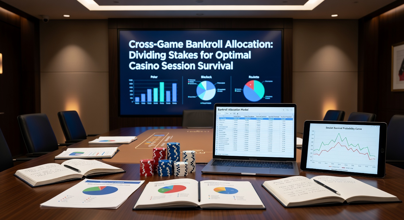 Chart displaying bankroll division pie graph across casino games like blackjack, slots, and roulette, with survival rate comparisons