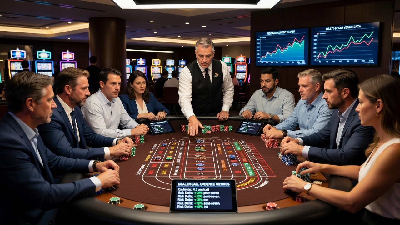 Close-up of a craps dealer calling bets and managing chips during an active round