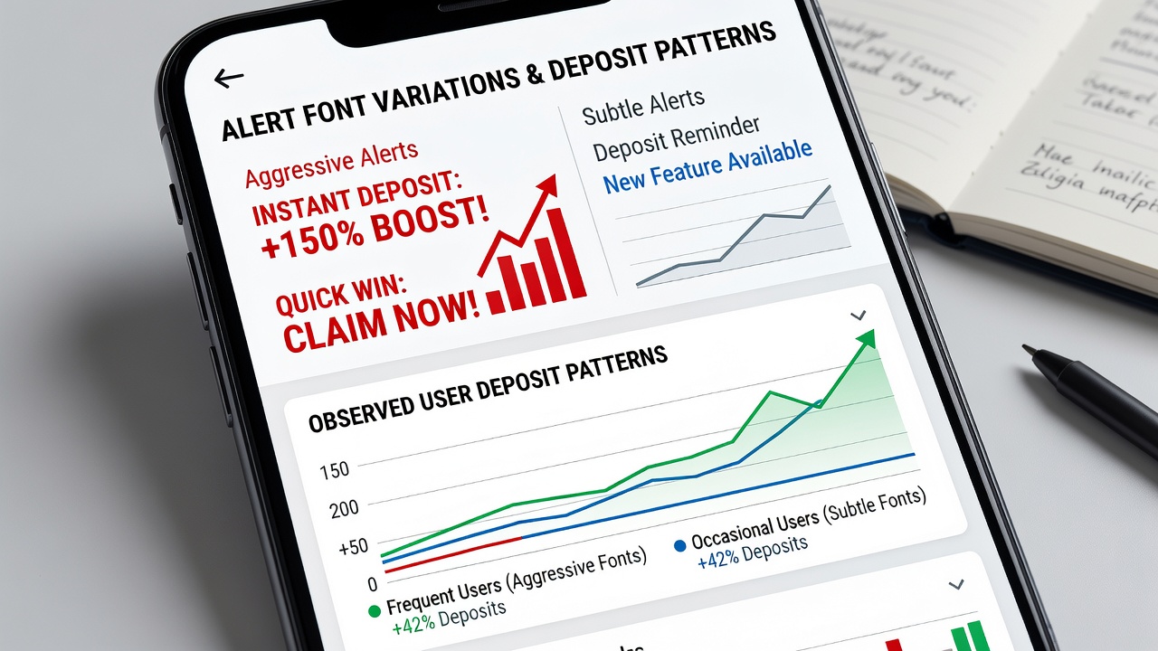 Mobile betting app interface showing varied font styles in deposit alerts and notifications