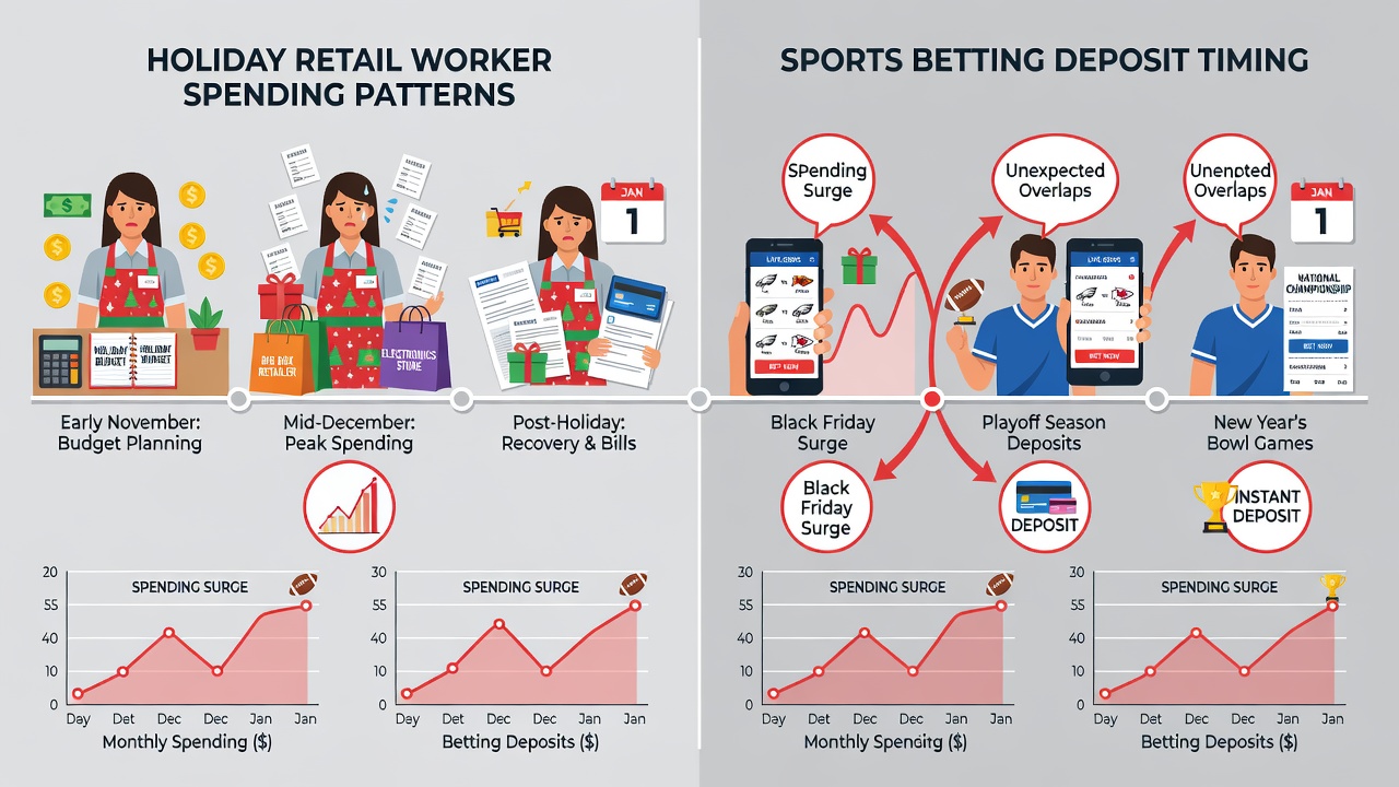 Graphs overlaying retail pay periods with sports betting deposit volumes from 2024 through 2026