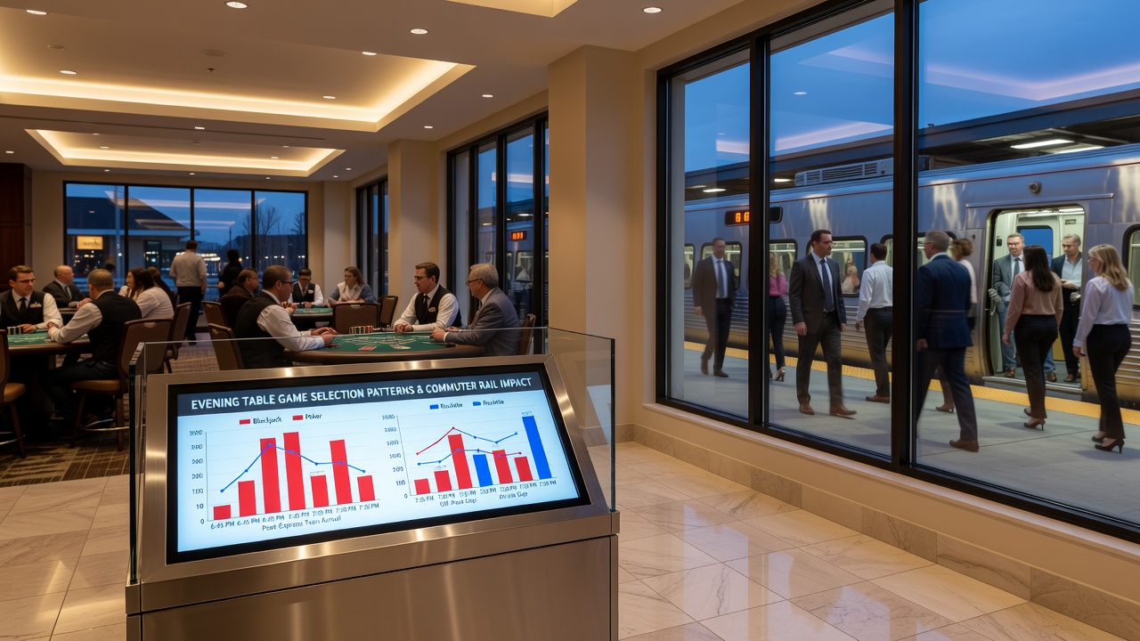 Evening view of a suburban casino gaming floor with players at blackjack and roulette tables