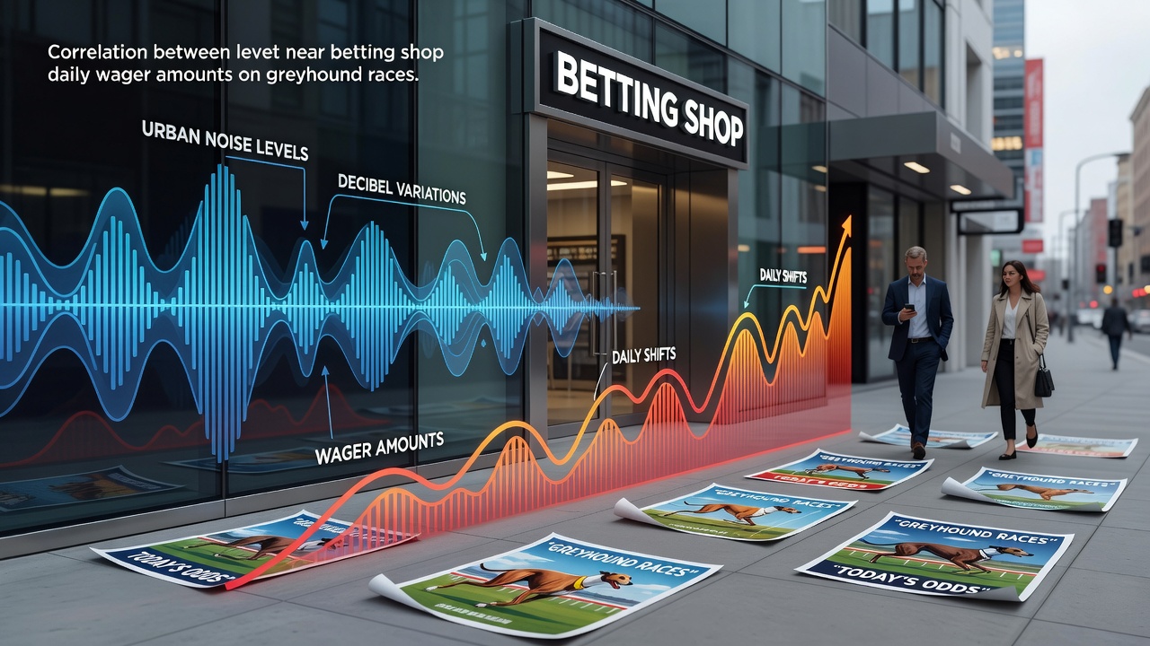 Urban street scene showing betting shop exterior with ambient noise measurement equipment positioned near greyhound racing bettors