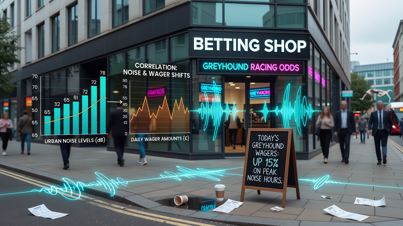 Graph overlay on city map illustrating noise decibel readings and corresponding greyhound wager volume changes at multiple betting shop locations