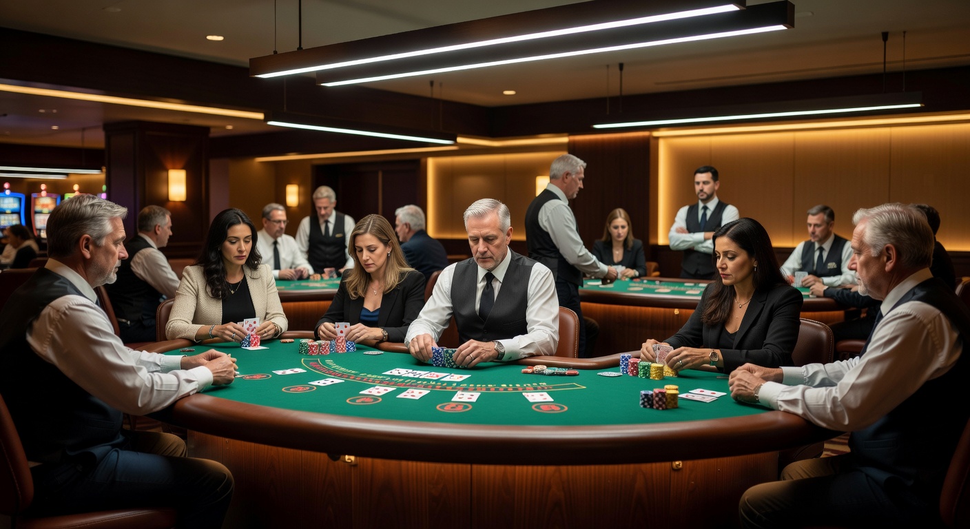 Casino blackjack pit with adjustable ambient lighting fixtures overhead and players seated at green felt tables during evening hours