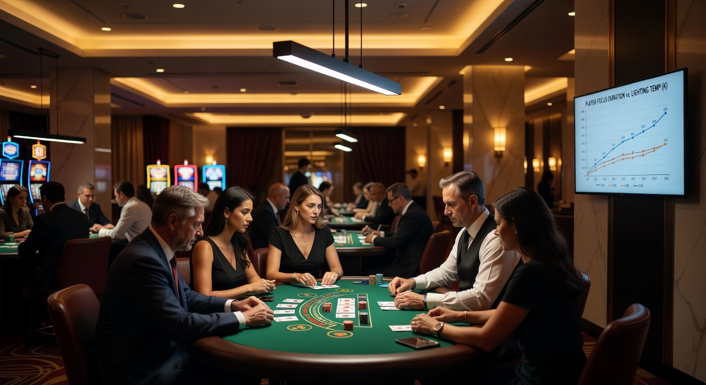 Close-up view of blackjack table under zoned ambient lighting showing player hands, chips, and dealer dealing cards with focused illumination on the felt surface