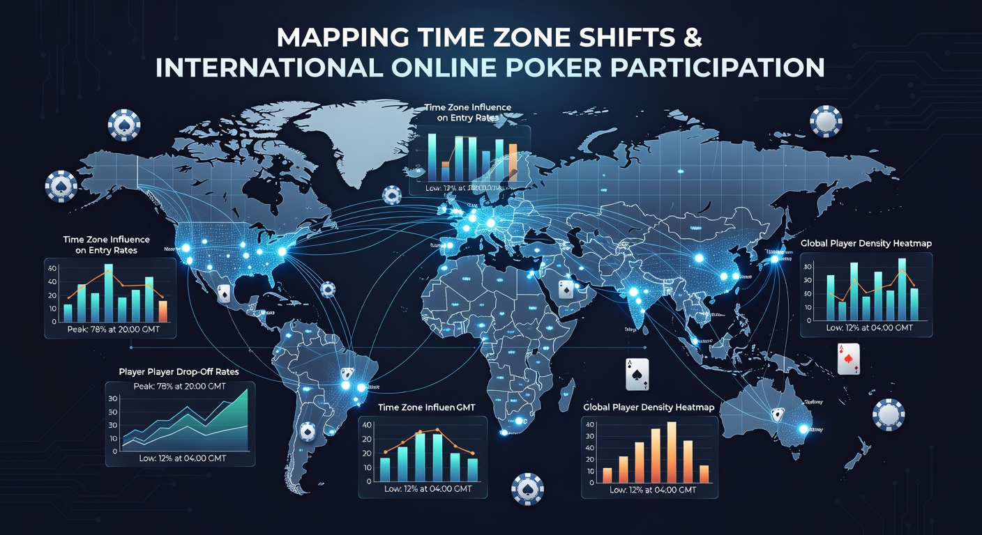 World map highlighting major time zones with poker tournament overlay graphics showing player distribution patterns across continents