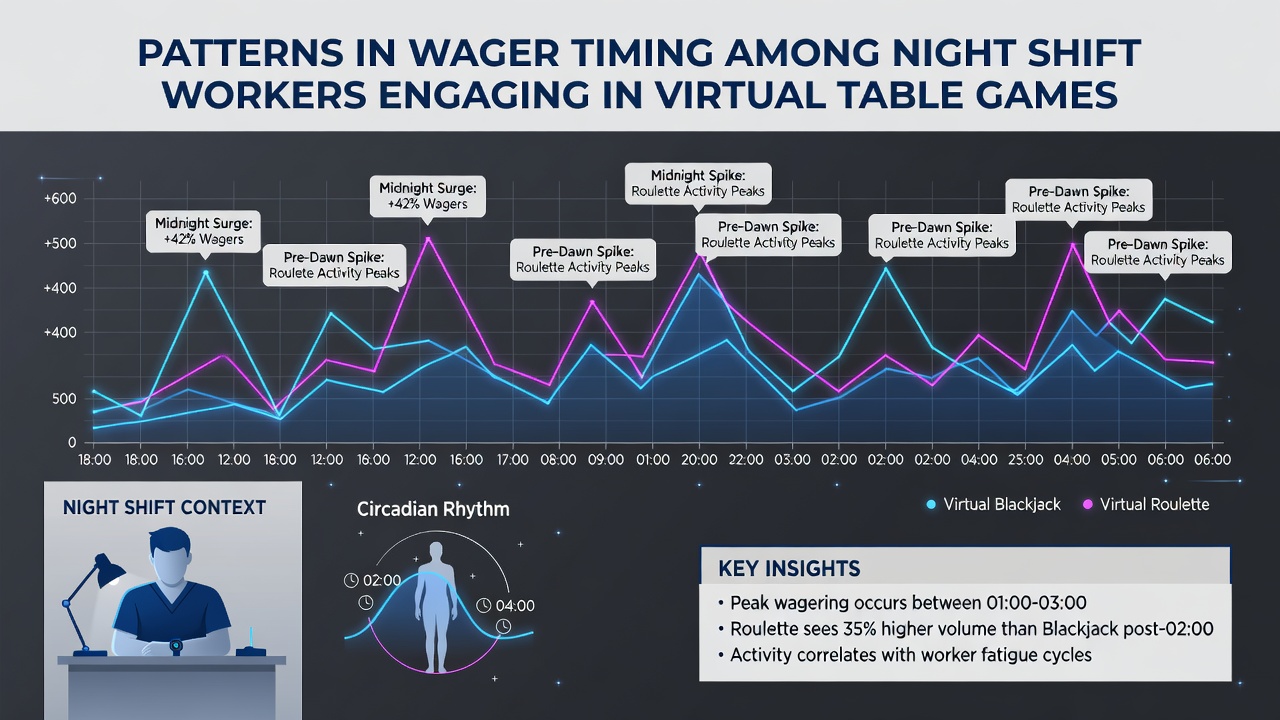 Data visualization of wager timing peaks during night shifts in virtual table games